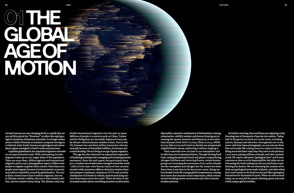 TANK 108 Autumn 2026, The Global Age of Motion spread with an image of Earth