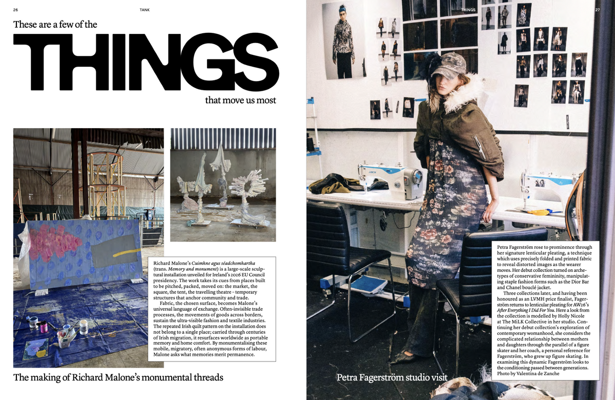 TANK 108 Autumn 2026, THINGS spread featuring Richard Malone and Petra Fagerstrom